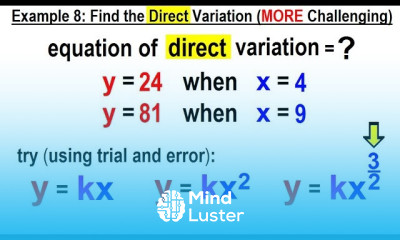 Algebra Ch 33 Variation 11 of 13 Example 8 Find the DIRECT Variation CHALLENGING