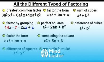 Algebra Ch 6 Factoring 22 of 55 What are All the Different Types of Factoring