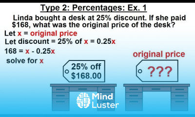 Algebra Ch 2 Word Problem 6 of 46 Type 2 Percentages Ex 1