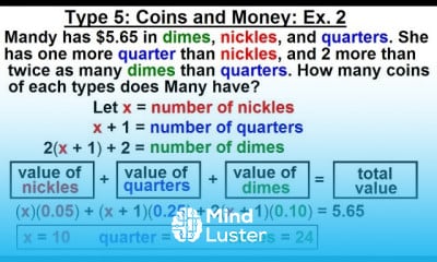 Algebra Ch 2 Word Problem 16 of 46 Type 5 Coins and Money Ex 2