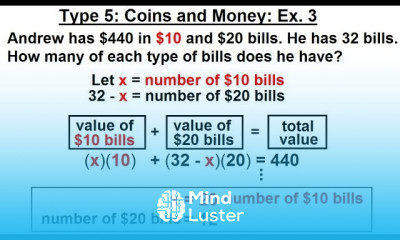 Algebra Ch 2 Word Problem 17 of 46 Type 5 Coins and Money Ex 3
