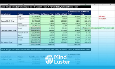 Excel Magic Trick 1394 Part 2 Formulas for Parent Total using Wild Cards to Get First Text Item