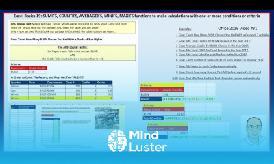 Excel Basics 19 SUMIFS COUNTIFS AVERAGEIFS functions calculations w 1 or more Criteria
