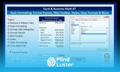 Excel Business Math 07 Style Formatting Format Painter Mini Toolbar Styles Clear Format More