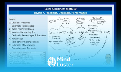 Excel Business Math 10 Division Fractions Decimals Percentages Number Formatting Formulas