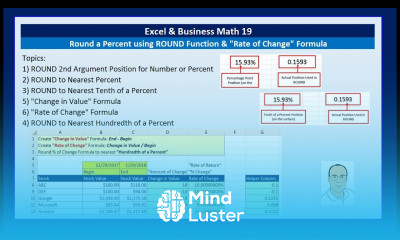 Excel Business Math 19 Round a Percent using ROUND Function Rate of Change Formula