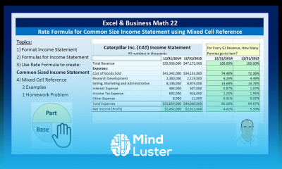 Excel Business Math 22 Rate Formula for Common Size Income Statement using Mixed Cell Reference