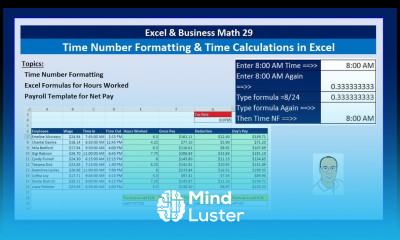 Excel Business Math 29 Time Number Formatting Time Calculations in Excel for Payroll Table