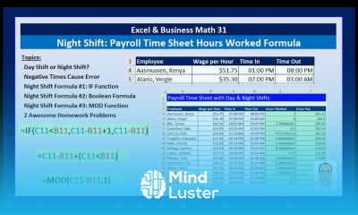 Excel Business Math 31 Night Shift Hours Worked Formula for Payroll Time Sheet 3 Examples