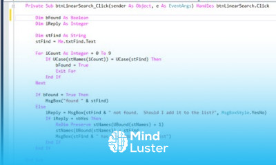 Array Variables Linear Search VB NET Implementation