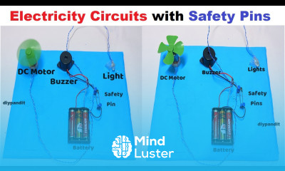 electricity circuits with safety pins dc motor fan buzzer led lights DIY pandit