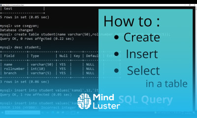 Create Table Insert and Select in SQL MySQL beginners commands Hindi 3