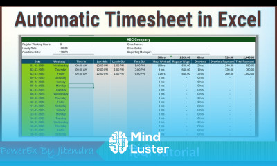 Automatic Timesheet in Excel with Overtime Calculation Hindi
